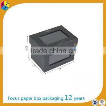 Matte black cardboard box with transparent lid