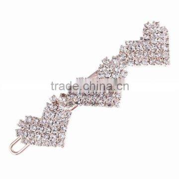 Korea Sweet Styles Three Linked Heart Shiny Crystal Clips Buckle Barrette For Lady