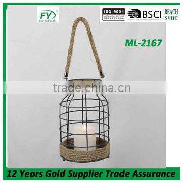 Indoor table and hanging metal candle lantern with rope winding and rope handle ML-2167