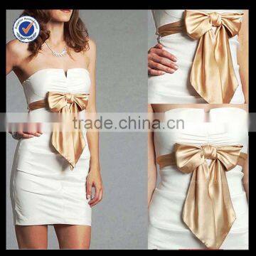 New Design Wholesale Custom Made Mini Sexy Strapless Sheath White Satin With Gold Belt Prom Dress Cocktail Dress C0074