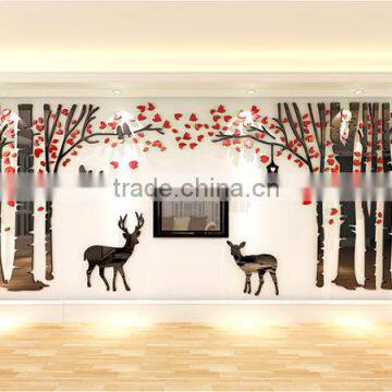 Forest tree deer crystal acrylic 3D three-dimensional wall stickers living room sofa bedroom TV background wall decoration stick