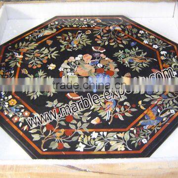 Handmade Octagon black marble inlay table top, pietre dure inlay table top