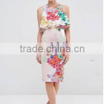 Fashion Women dress Double Ruffle Floral Printing Crop Top Pencil Midi Dress 2016