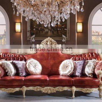 Luxury Solid Wood Red Leather Sofa, Royal Living Room Leather Sofa photo-3