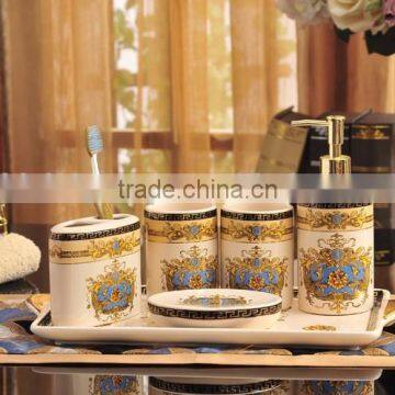 Classic European Baroque Style Ceramic Bath Accessories Set 6 Pcs in Fancy Golden and Blue, Liquid Soap Dispenser BF12-03254h photo-4