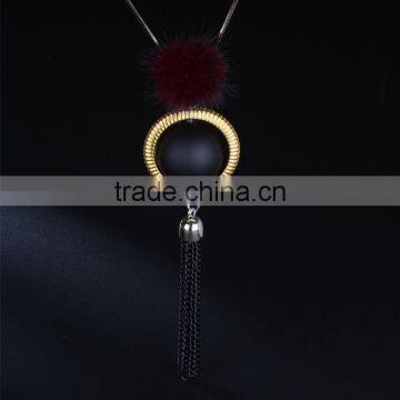 Red Bead Gold Hoop Pendant Long Chain Necklace Black Chain Tassel Necklace Pompon Necklace