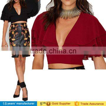 Sexy ladies plain ruffle half sleeve deep v neck chiffon party cocktail crop tops for women 2016