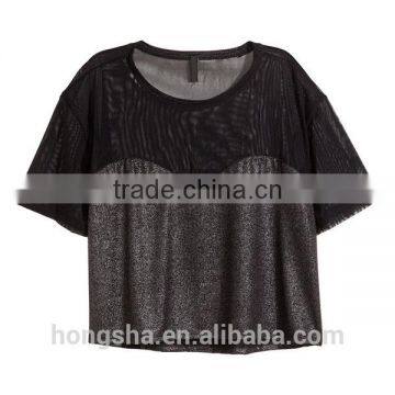 New Arrival Women Short Sleeve Wide Jersey Cropped Mesh Tops HST9262 photo-2