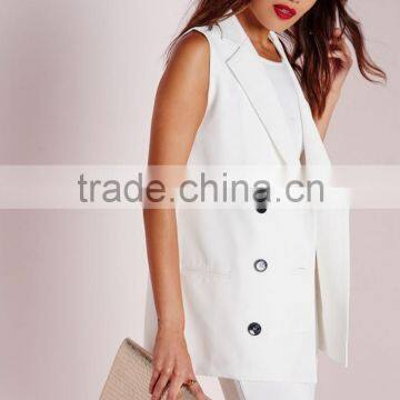 Women Fancy White Sleeveless Double Breasted Slim Fit Blazer photo-3