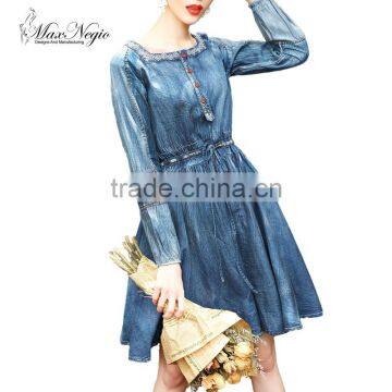 Maxnegio cute vintage style denim knee-lenth slim dress