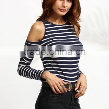 APPAREL Navy Striped Open Shoulder Ribbed T-shirt photo-4