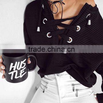 M1159 Runwaylover 2016 Latest Design Fashion Ladies Black Hole Cotton Cross Bandage Sweater photo-2