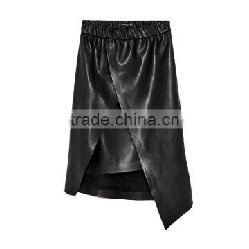 2017 OEM Spring Asymmetrical Black PU Knee Length Skirts photo-6