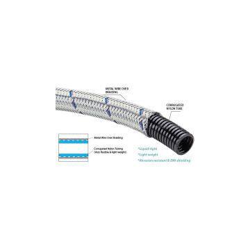 Over braided flexible corrugated nylon conduit and conduit fittings braided screen flexible conduit for printing and marking equipment wiring
