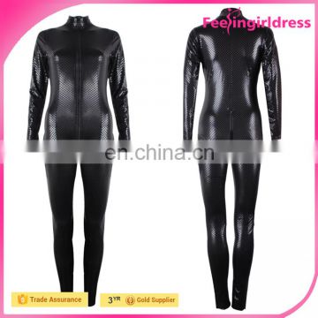 Factory Price Sexy Black Tight Zipper Long Sleeve Lady PU Leather Jumpsuit