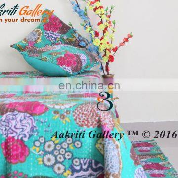 INDIAN KANTHA QUILT FRUIT PRINT SINGLE KANTHA BEDSPREAD QUILT THROW SEA GREEN COLOR HANDMADE 100% COTTON COMFORTER