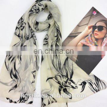 rfq black and white burnout silk rayon scarf with big flower print