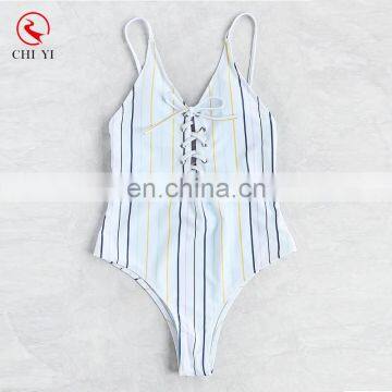 2017 Chiyi Striped Lace Up Cami Swimsuit