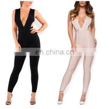 Mika72190 Ladies sexy tight sleeveless badabge Low V bodycon jumpsuit