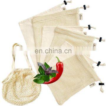 Lightweight Natural Cotton Fruit Food Grocery Drawstring Bags with Tare Weight Tags