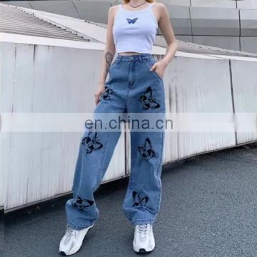 Casual Blue Butterfly Printed Wide Leg Pants Denim Streetwear Ladies Jeans 2020 High Waist Jeans Pants For Women Baggy