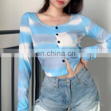 New Arrival Sexy Ladies Long Sleeve T-shirts Women Tie Dye Autumn Crop Tops