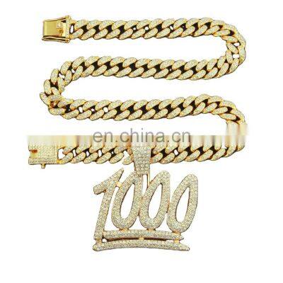 Hip-hop digital domainy hangtag Cuban chain necklace for men full diamond 1000 point pendant hipster street accessories