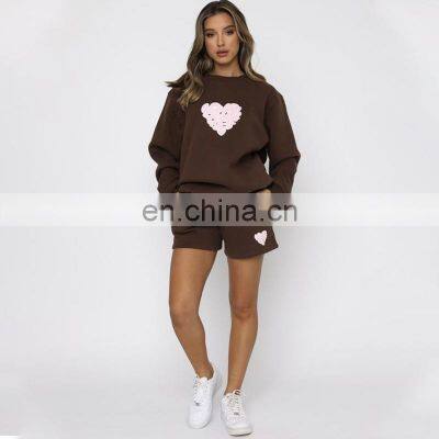 Custom Logo Autumn and Winter Casual Round Neck Women's Clothing Printed Letters Peach Heart Shorts Long-sleeved Sweater Suit photo-4