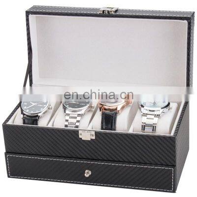 Double Layer 4 Slots Carbon Fiber PU Leather Jewelry Storage Watch Display Box With Drawer photo-3