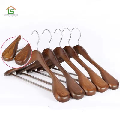 Longson Wide Shouder Wooden Hanger Coat Hanger with Bar and Chrome Hook for Display