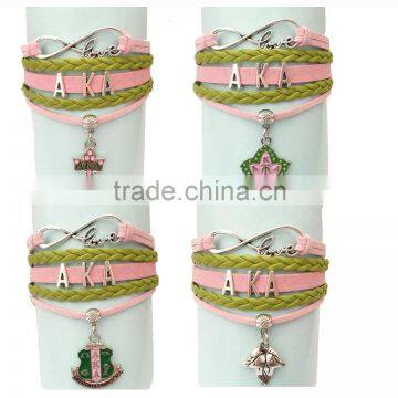 Newest AKA Wrap Bracelet Leaf Alpha Kappaa Alpha AKA Heart Pink Green Custom leather bracelet