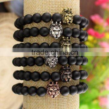 BRA1283 Fashion matte black onyx beaded king lion head bracelet                        
                                                Quality Choice