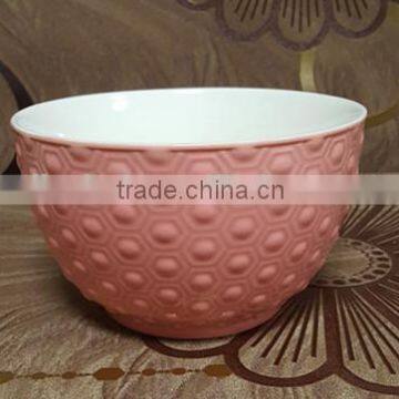 500 ML pink glazed outside embossed porcelain salad bowl