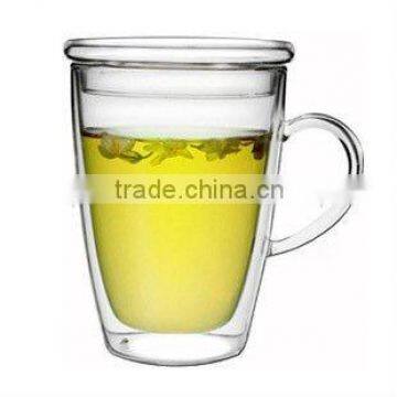 Bright neat double wall pyrex glass tea cup with handle and lid(100ml,200ml,400ml)