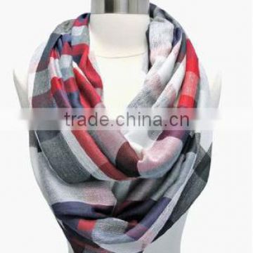 Navy Blue Red & White Plaid Printed Ring Scarf