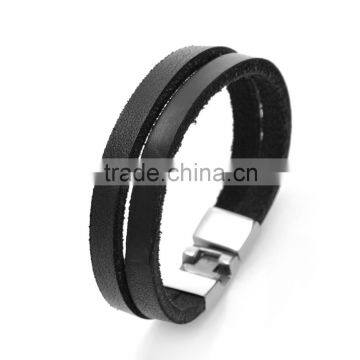 Black Double Layer Leather Bangles Fashion Brief Style Clasp Leather Bracelace photo-3