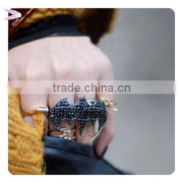 Black Crystal Studded Bat Shape Double Finger Holes Punk Style Ring