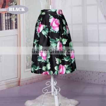 European Style New Fashion Retro Lady Women Elastic Waist Floral Midi Skirt