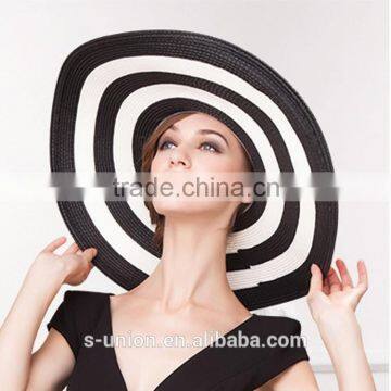 2016 New Fashion Summer Large Brim Beach Sun Womens Hats Ladies Black and White Stripes Floppy Straw Hat photo-3