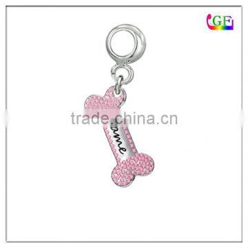 Pet's Name Pink Crystal Bone dangle bead charm