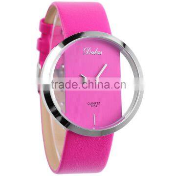 Transparent Pink Leather Band Quartz Lady Women's Bracelet Wrist Watch For Girls