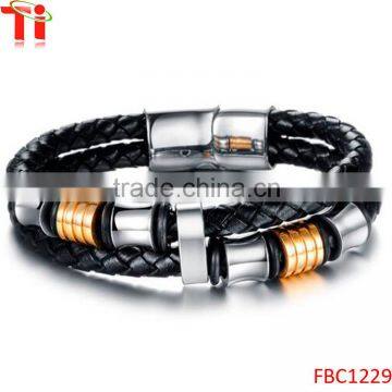 Double Braided Leather Bracelet for Men with Stainless Steel and Black Genuine Leather Straps 9.1 Inches