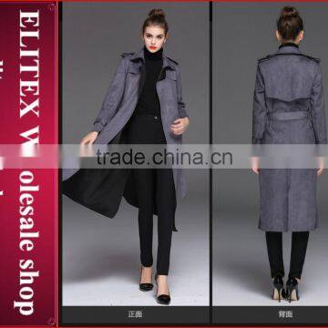 2015 European Design Gray turn-down collar women overcoat with belt