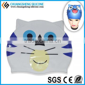 FUNNY SILICONE WATER DROP SWIM CAP WITH CUT EAR AND CARTOON PRINTING