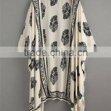 Custom Design Women Beachwear Half Loose Sleeve Beige Vintage Pattern Print Kimono photo-3