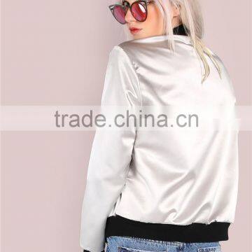 Women Satin Zip Up Jacket Sleek Metallic Bomber Jacket Silver Ribbing Trim Outwear With Side Pockets photo-2