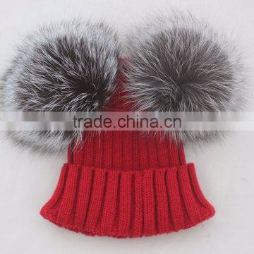 Myfur Red 30% Wool 70% Acrylic Crochet Hat with Double Silver Fox Fur Bobble