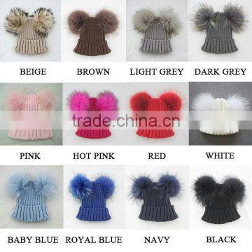 Myfur Hot Pink Girls Wool Knitting Hat With Real Raccoon Fur Pompoms Attached photo-6