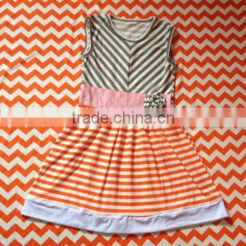 Kids Dancing Dresses Twill Stripe Cotton Dress with Flower Wholesale Toddler Girls Boutique Clothing Kids Stripe Ruffle Dress