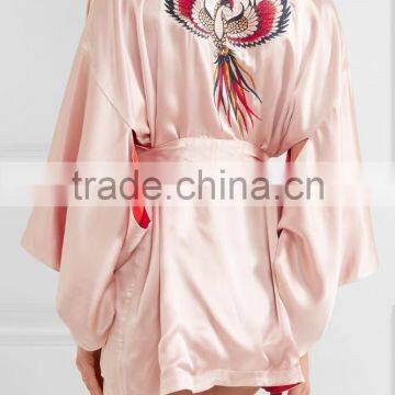 2017 New Style Pink and Red Color Blocking Embroidered Satin Robe With Waist Tie photo-3